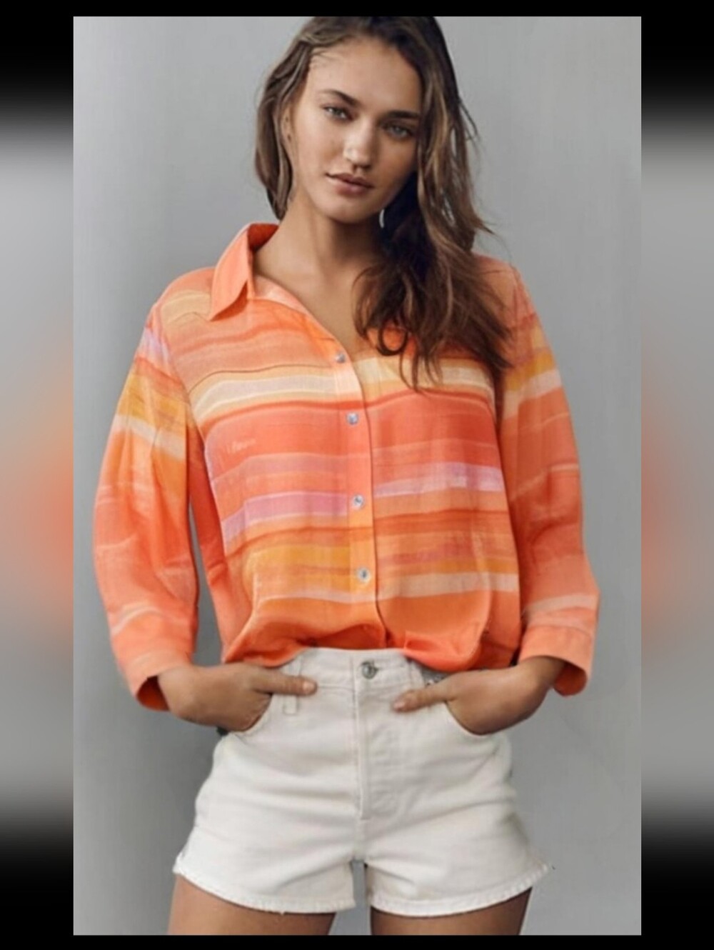 Anthropologie Cloth & Stone Ombre Orange Button-Front Top